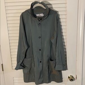Janska Iridescent Gray Rust Green Snap Front Detachable Hood Rain Trench Coat